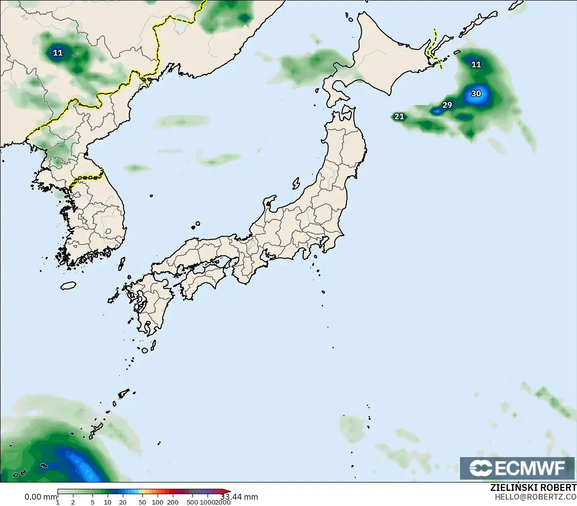ECMWF IFS 0.25° モデル - 日本, 降水量の合計