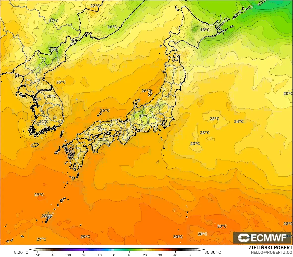 ECMWF IFS 0.25° モデル - 日本, 気温（2m）