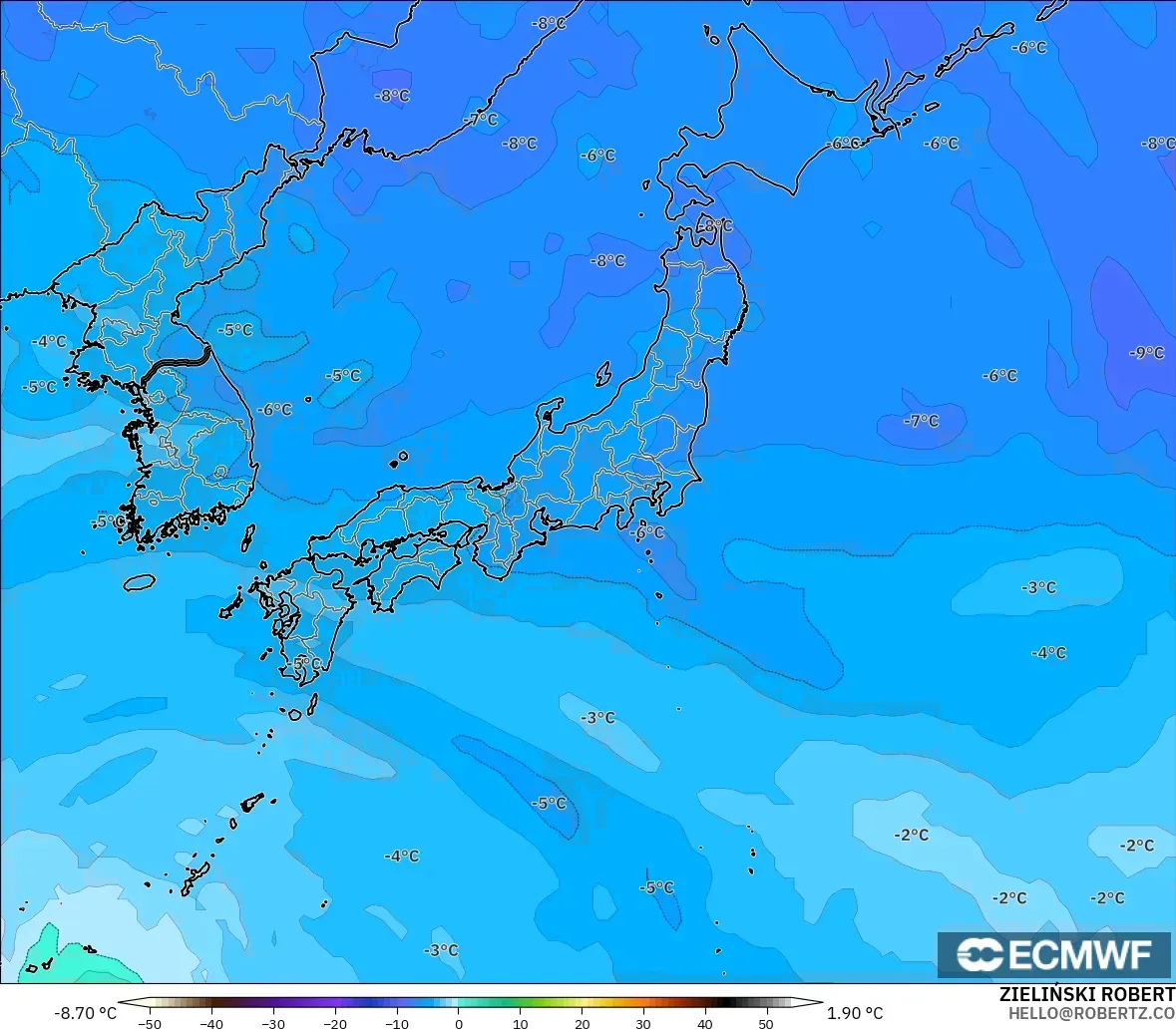 ECMWF IFS 0.25° モデル - 日本, 気温（500hPa）