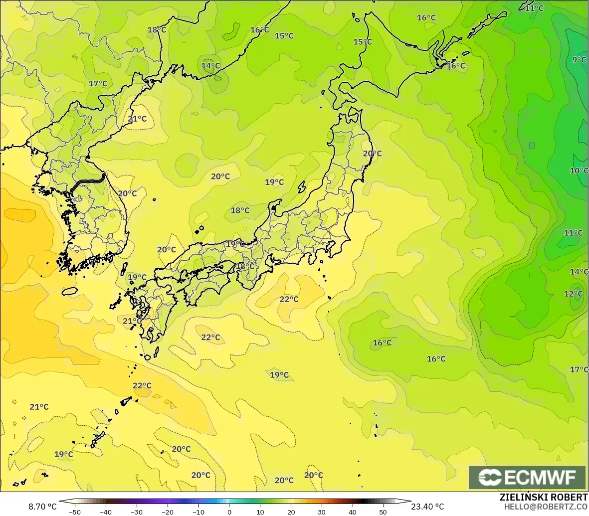 ECMWF IFS 0.25° モデル - 日本, 気温（850hPa）