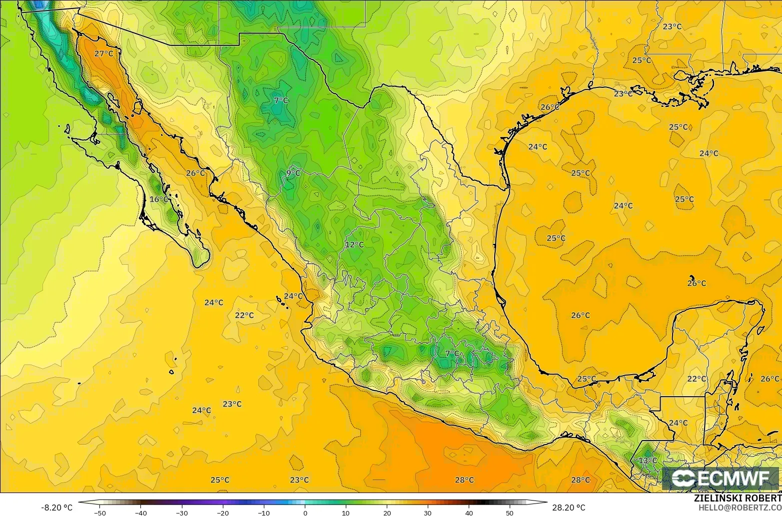 ECMWF IFS 0.25° モデル - メキシコ, 露点温度（2m）