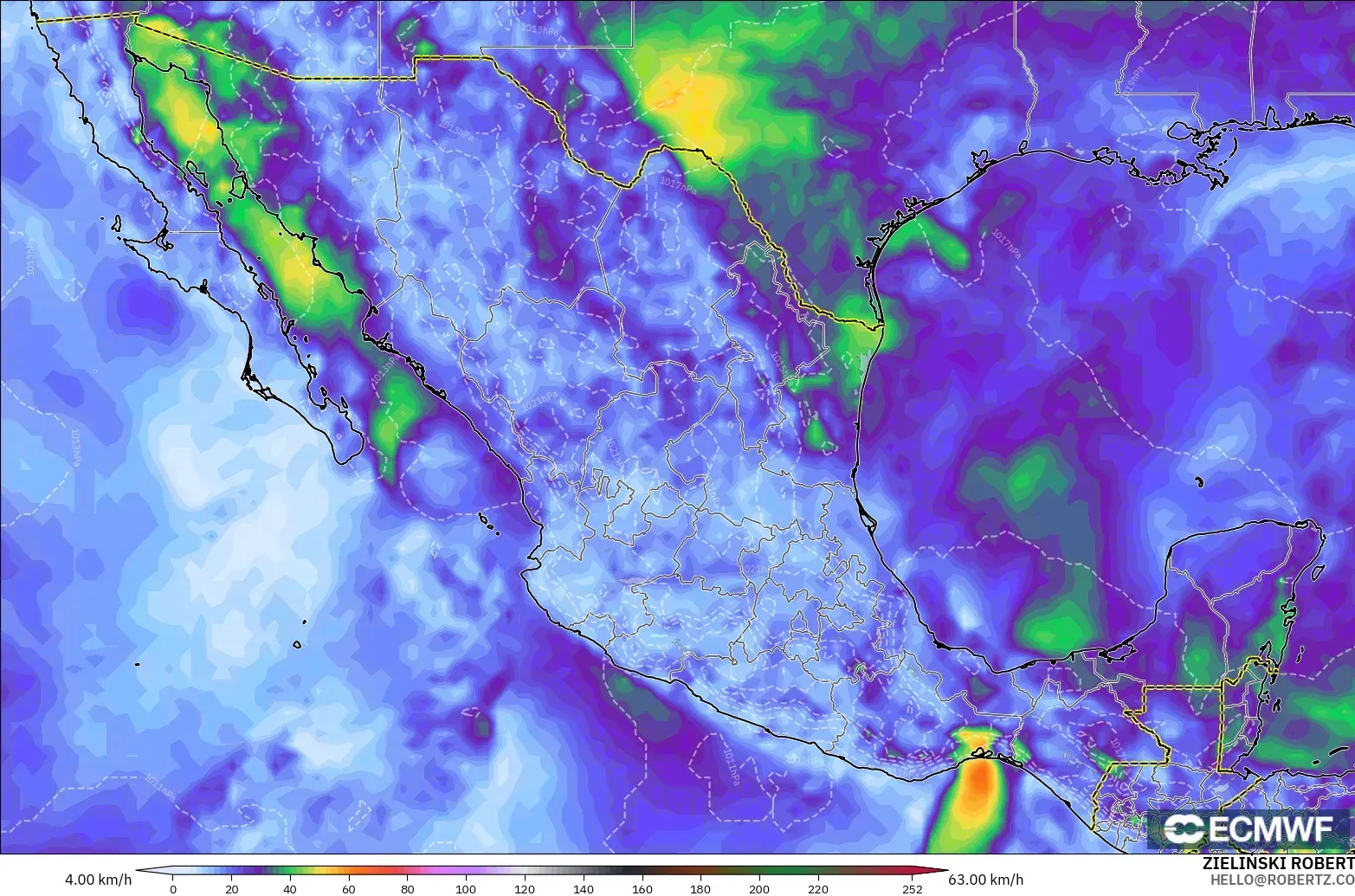 ECMWF IFS 0.25° モデル - メキシコ, 突風