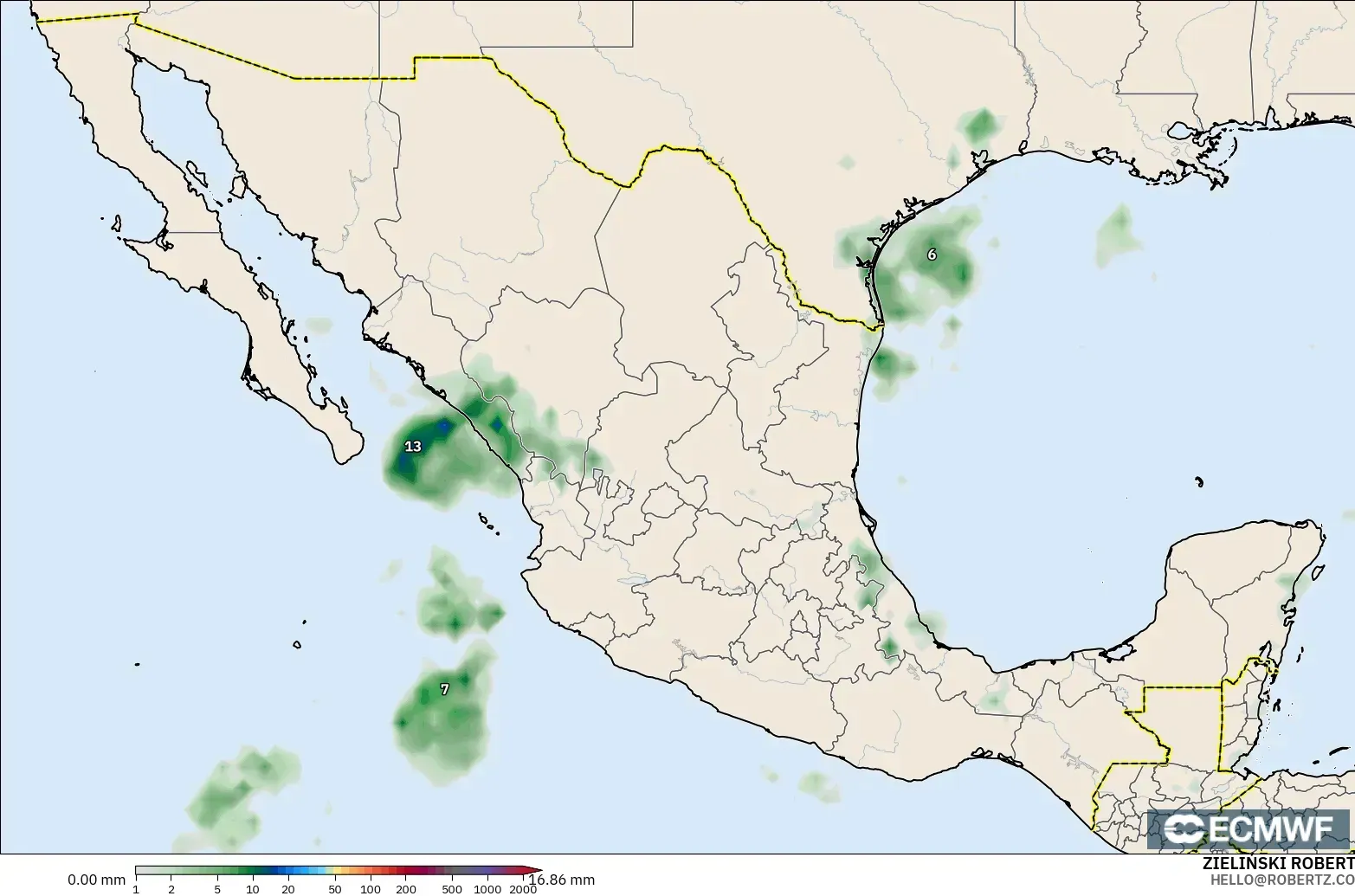 ECMWF IFS 0.25° モデル - メキシコ, 降水量の合計