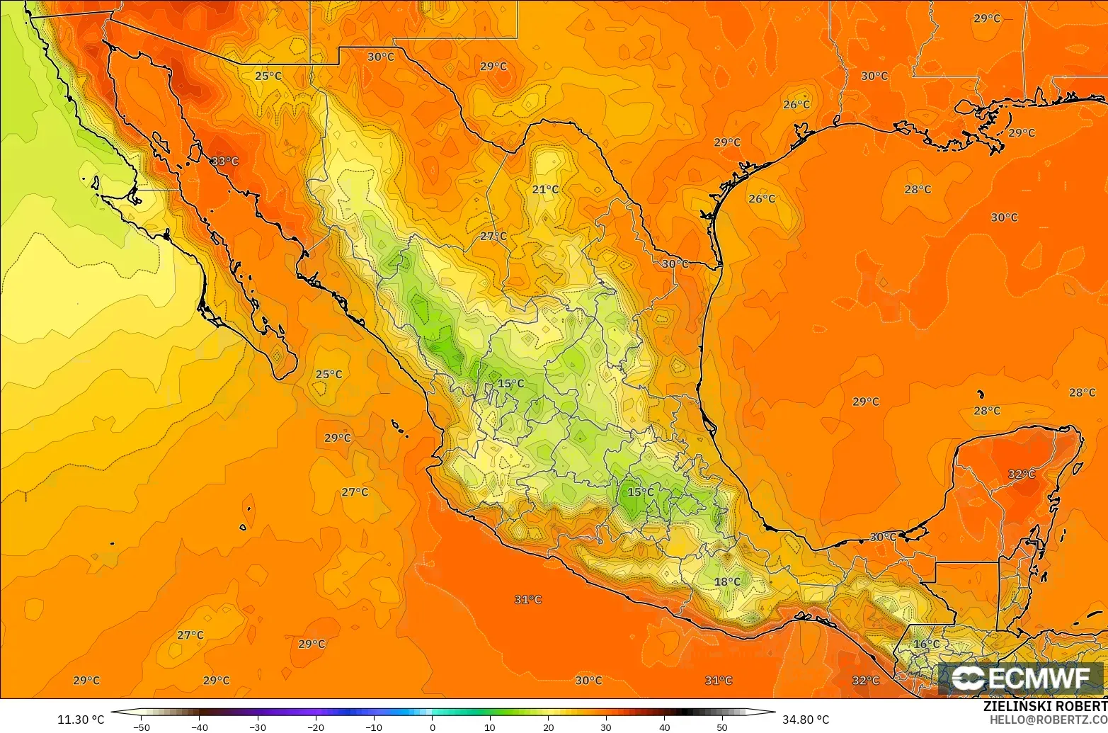 ECMWF IFS 0.25° モデル - メキシコ, 気温（2m）