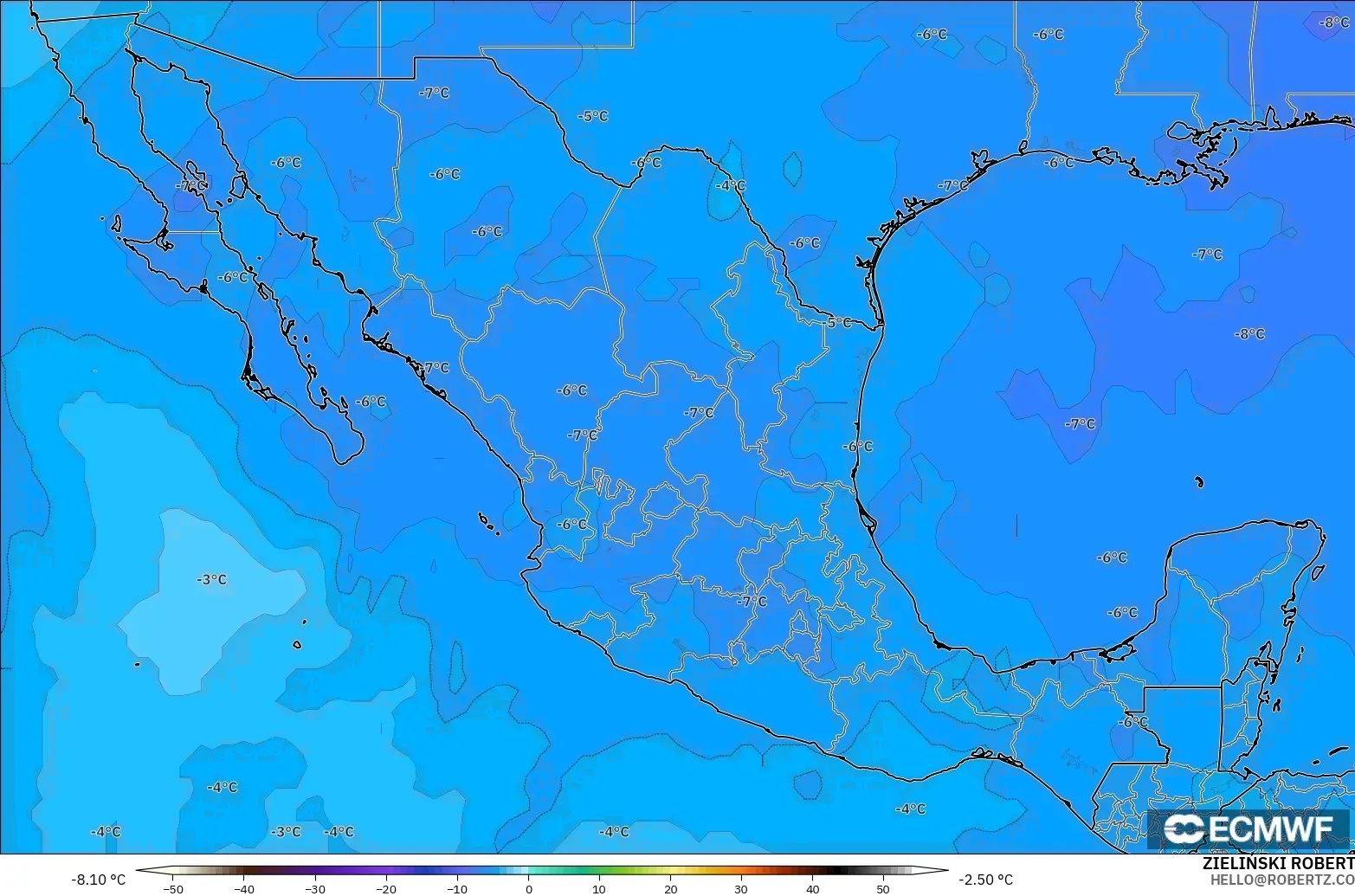 ECMWF IFS 0.25° モデル - メキシコ, 気温（500hPa）