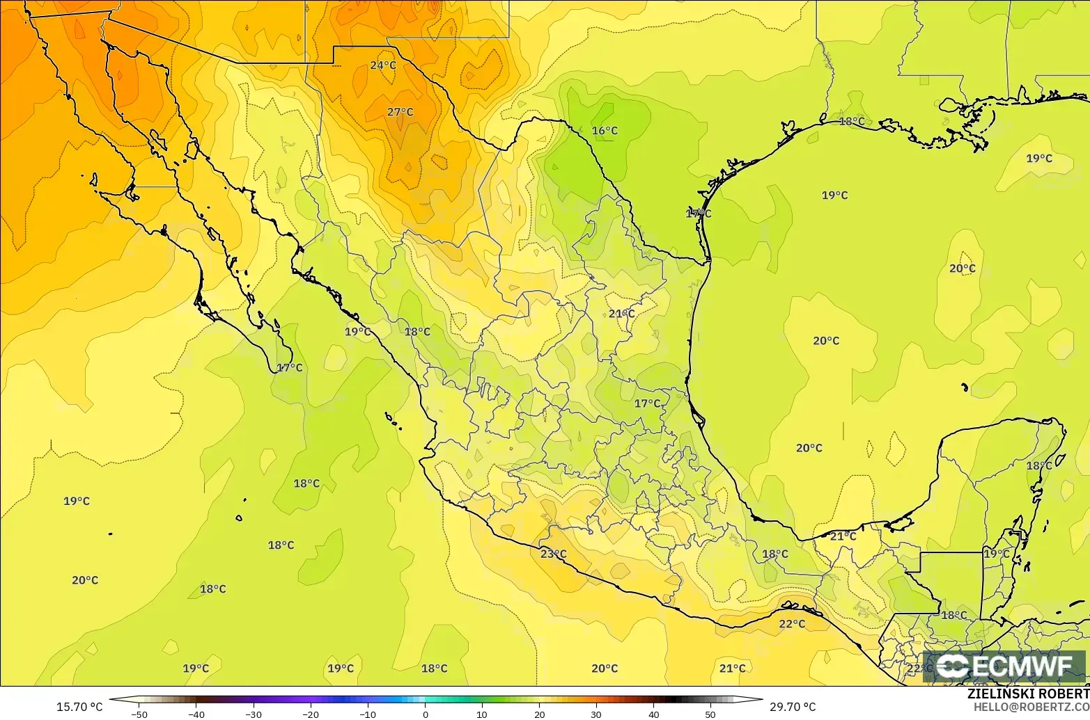 ECMWF IFS 0.25° モデル - メキシコ, 気温（850hPa）