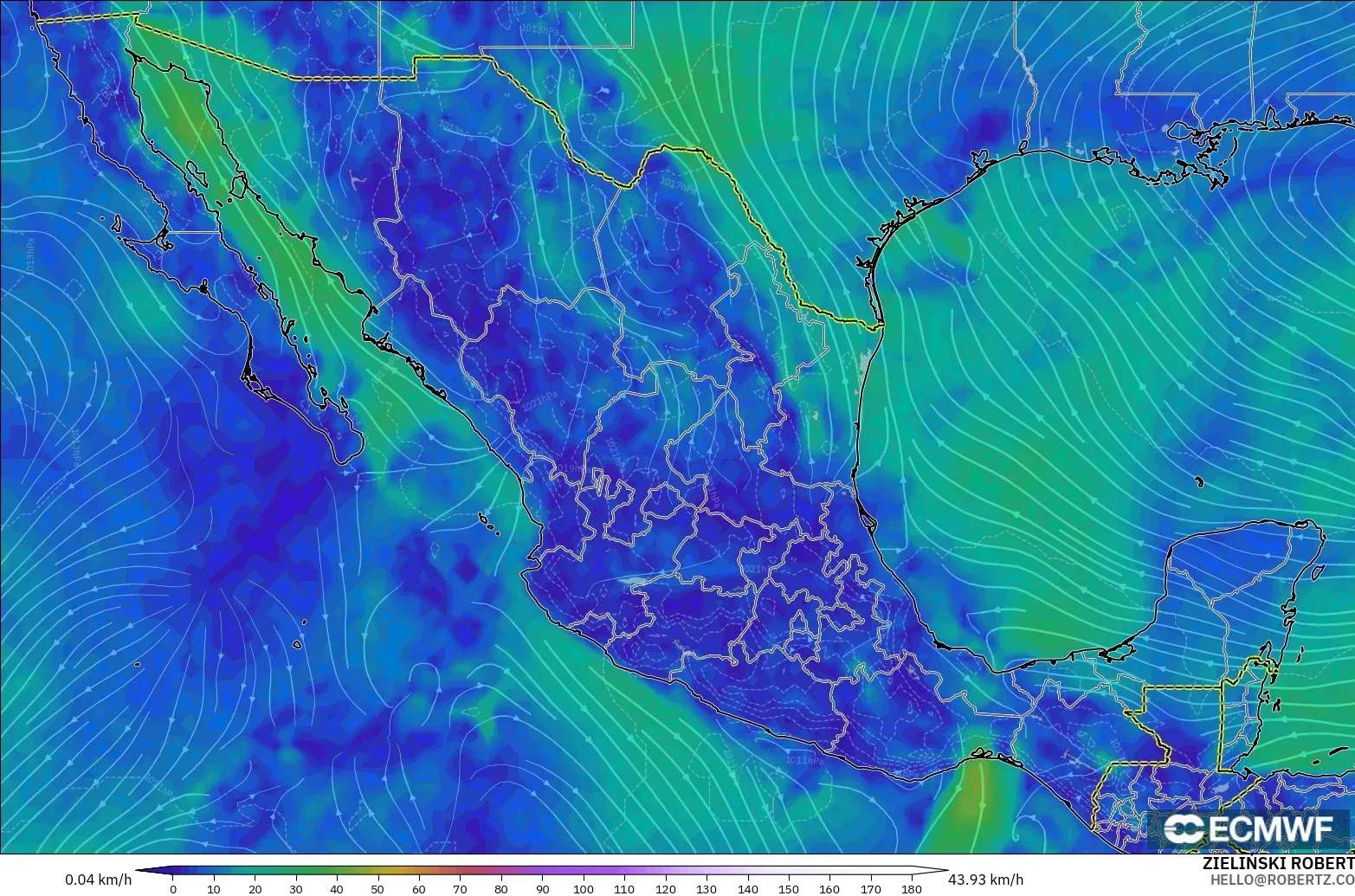 ECMWF IFS 0.25° モデル - メキシコ, 風速（10m）