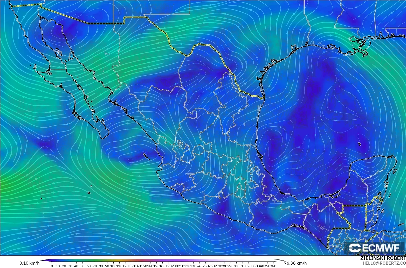 ECMWF IFS 0.25° モデル - メキシコ, 風速（300hPa）