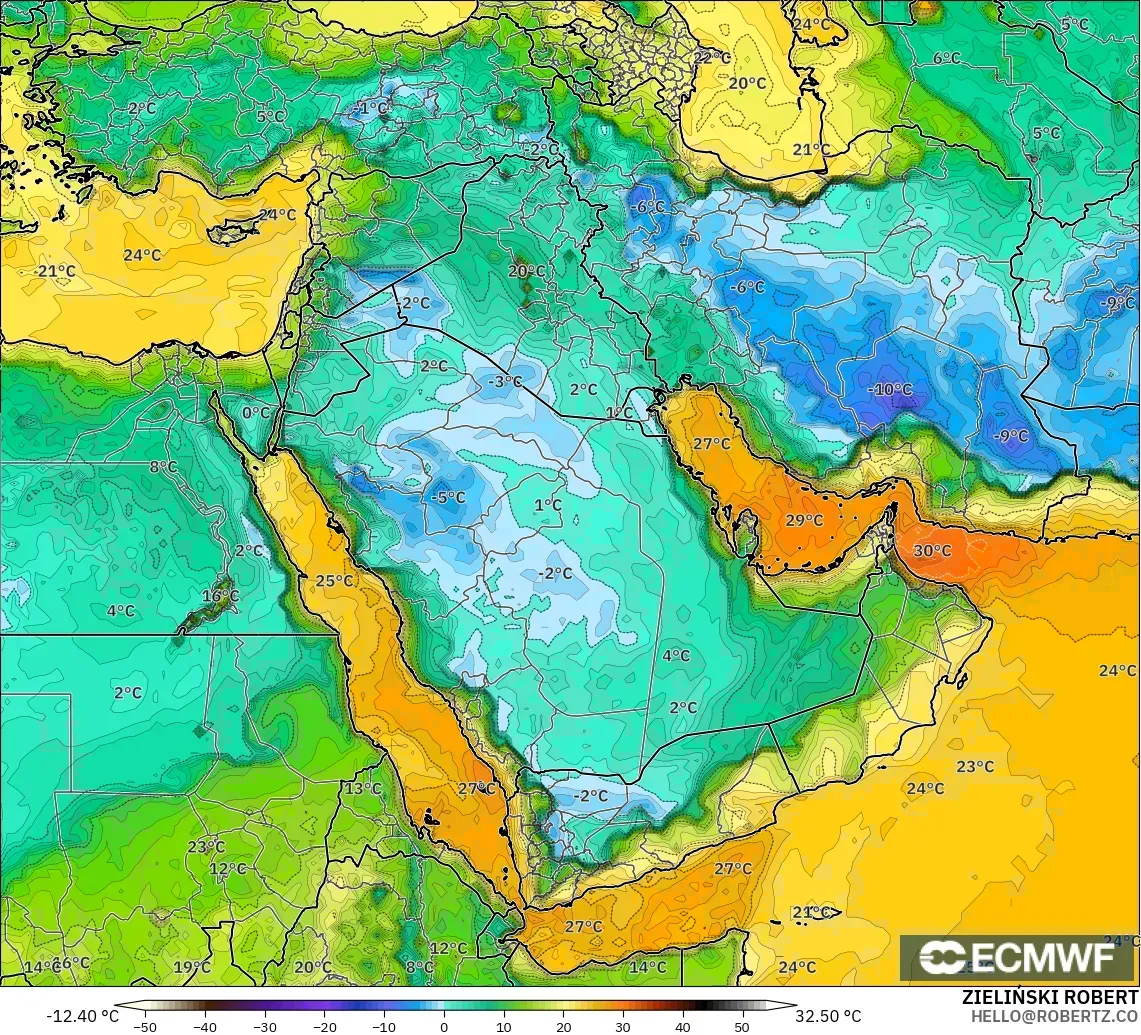 ECMWF IFS 0.25° モデル - 中東, 露点温度（2m）