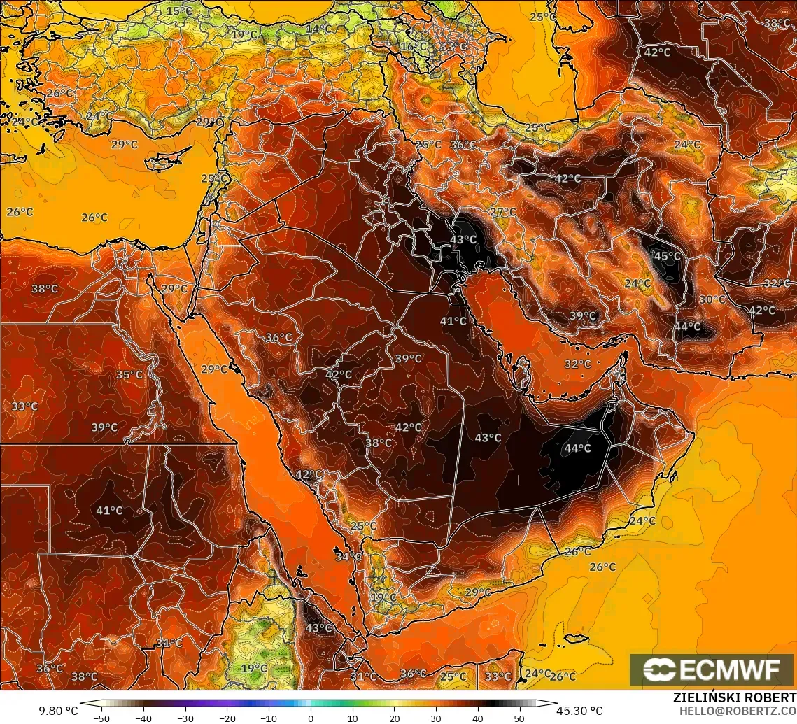 ECMWF IFS 0.25° モデル - 中東, 気温（2m）