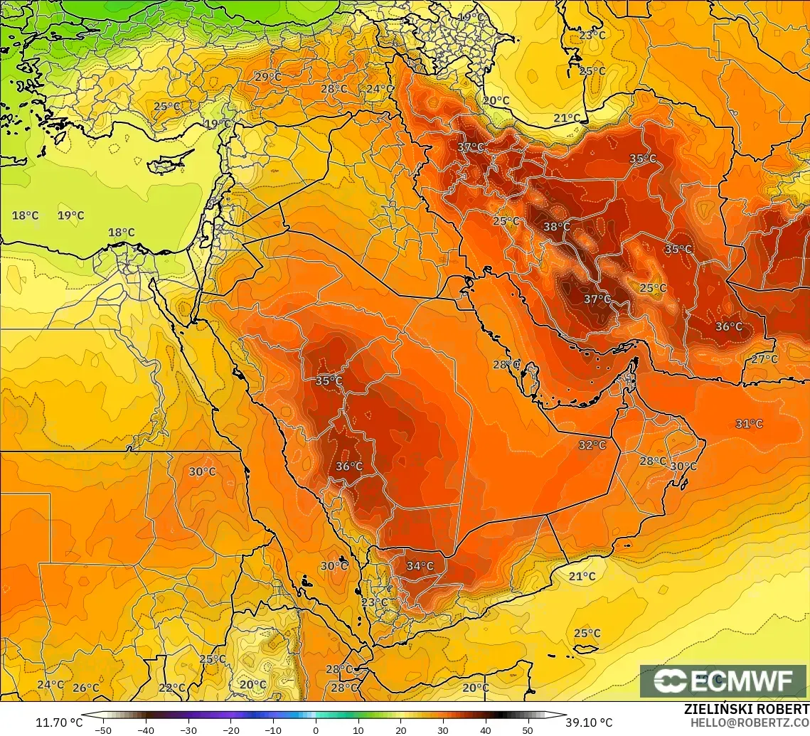 ECMWF IFS 0.25° モデル - 中東, 気温（850hPa）