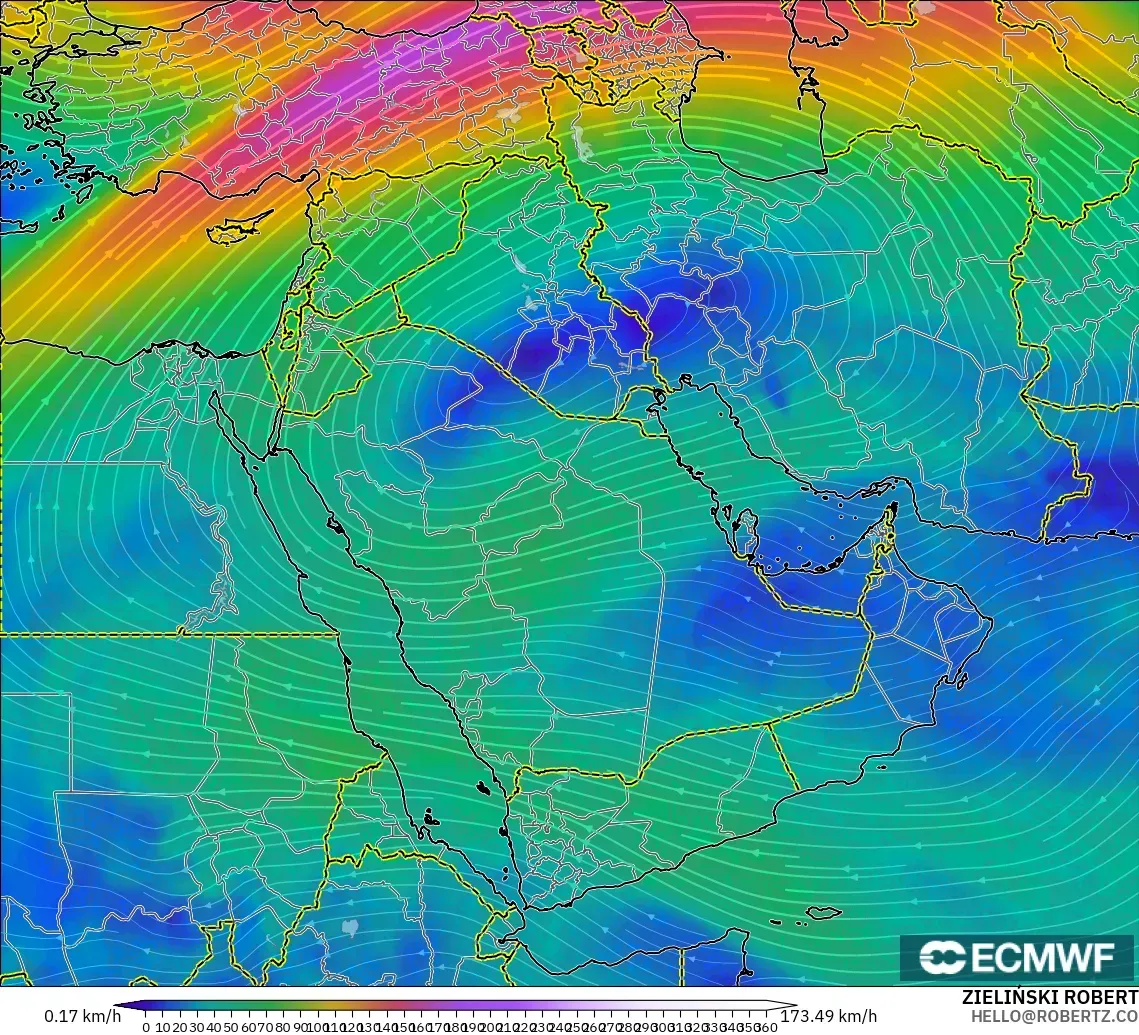 ECMWF IFS 0.25° モデル - 中東, 風速（300hPa）