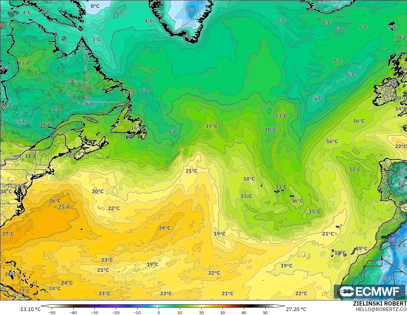 ECMWF IFS 0.25° モデル - 北大西洋, 露点温度（2m）