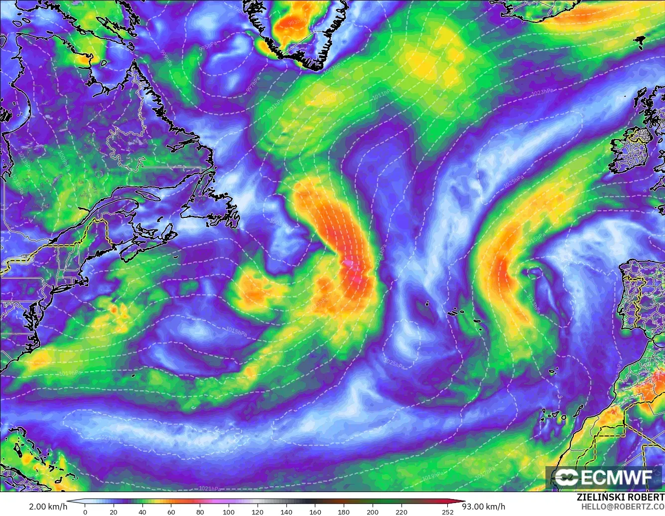 ECMWF IFS 0.25° モデル - 北大西洋, 突風