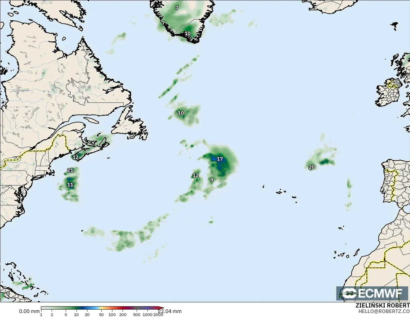 ECMWF IFS 0.25° モデル - 北大西洋, 降水量の合計