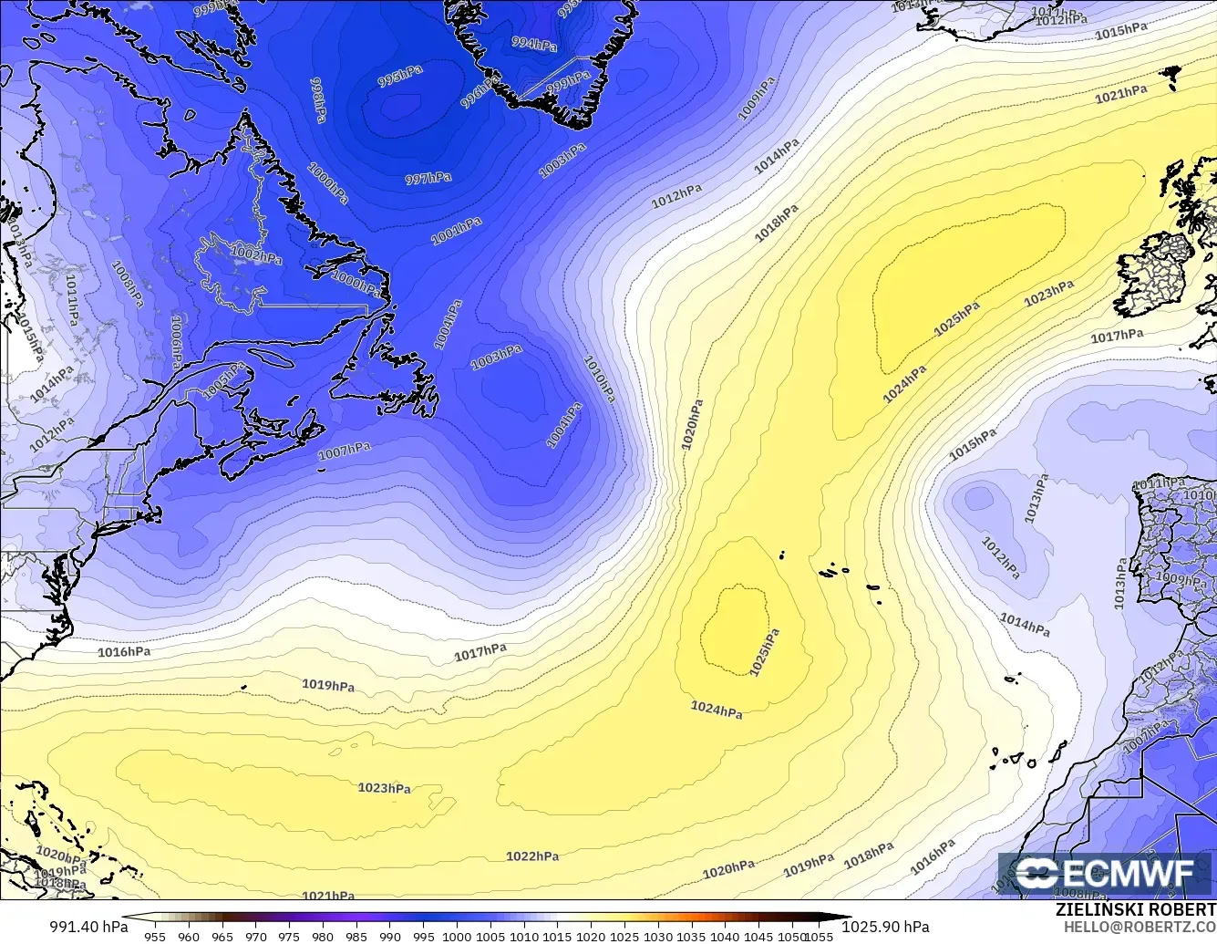 ECMWF IFS 0.25° モデル - 北大西洋, 気圧