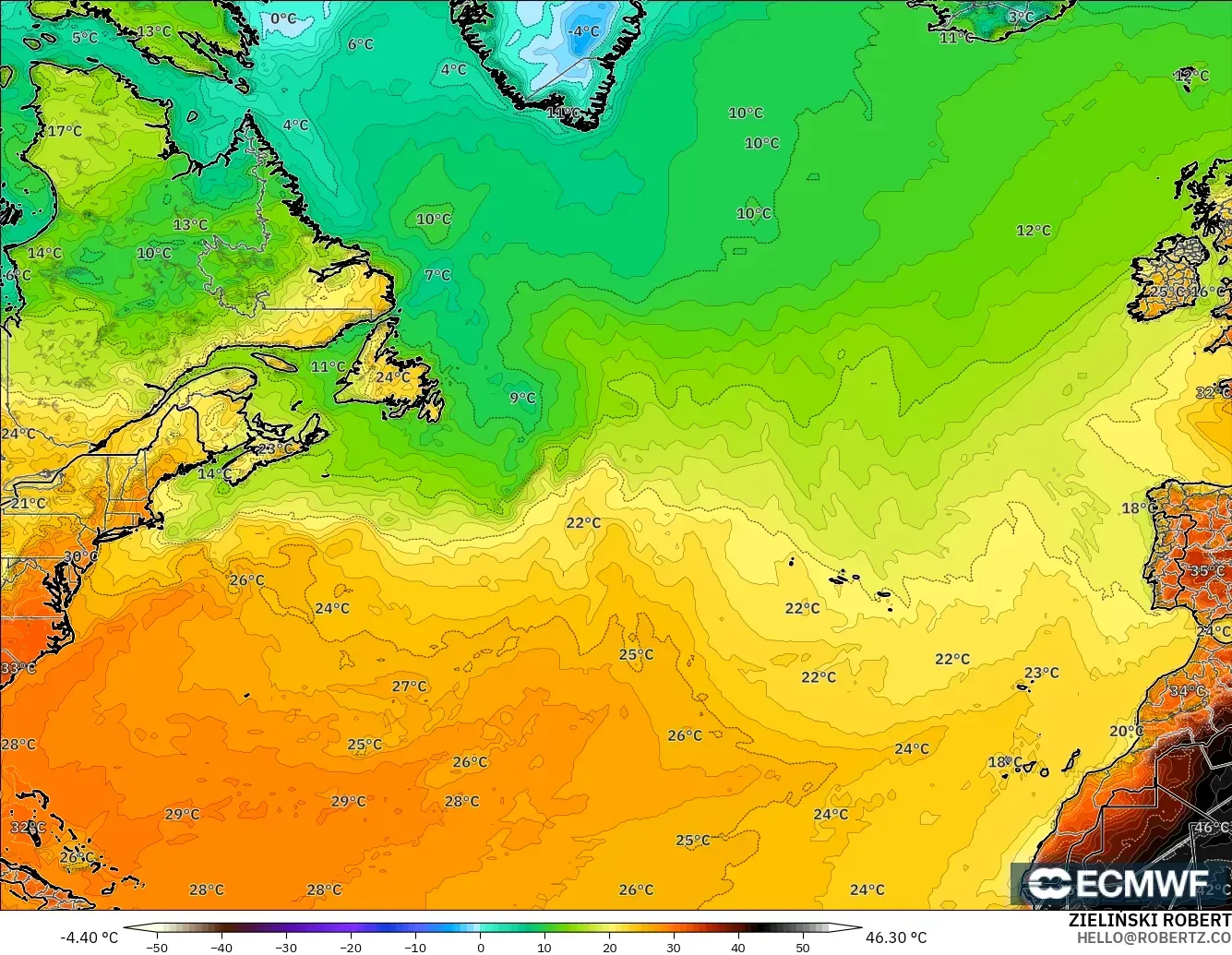 ECMWF IFS 0.25° モデル - 北大西洋, 気温（2m）