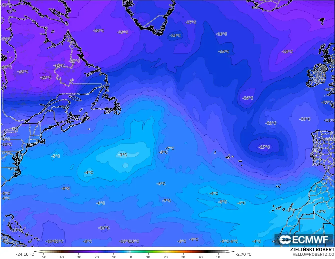 ECMWF IFS 0.25° モデル - 北大西洋, 気温（500hPa）