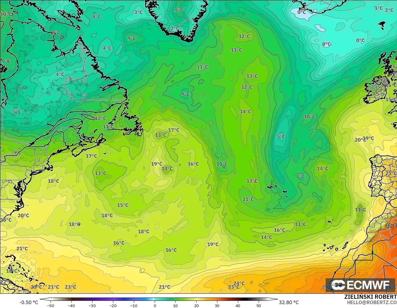 ECMWF IFS 0.25° モデル - 北大西洋, 気温（850hPa）