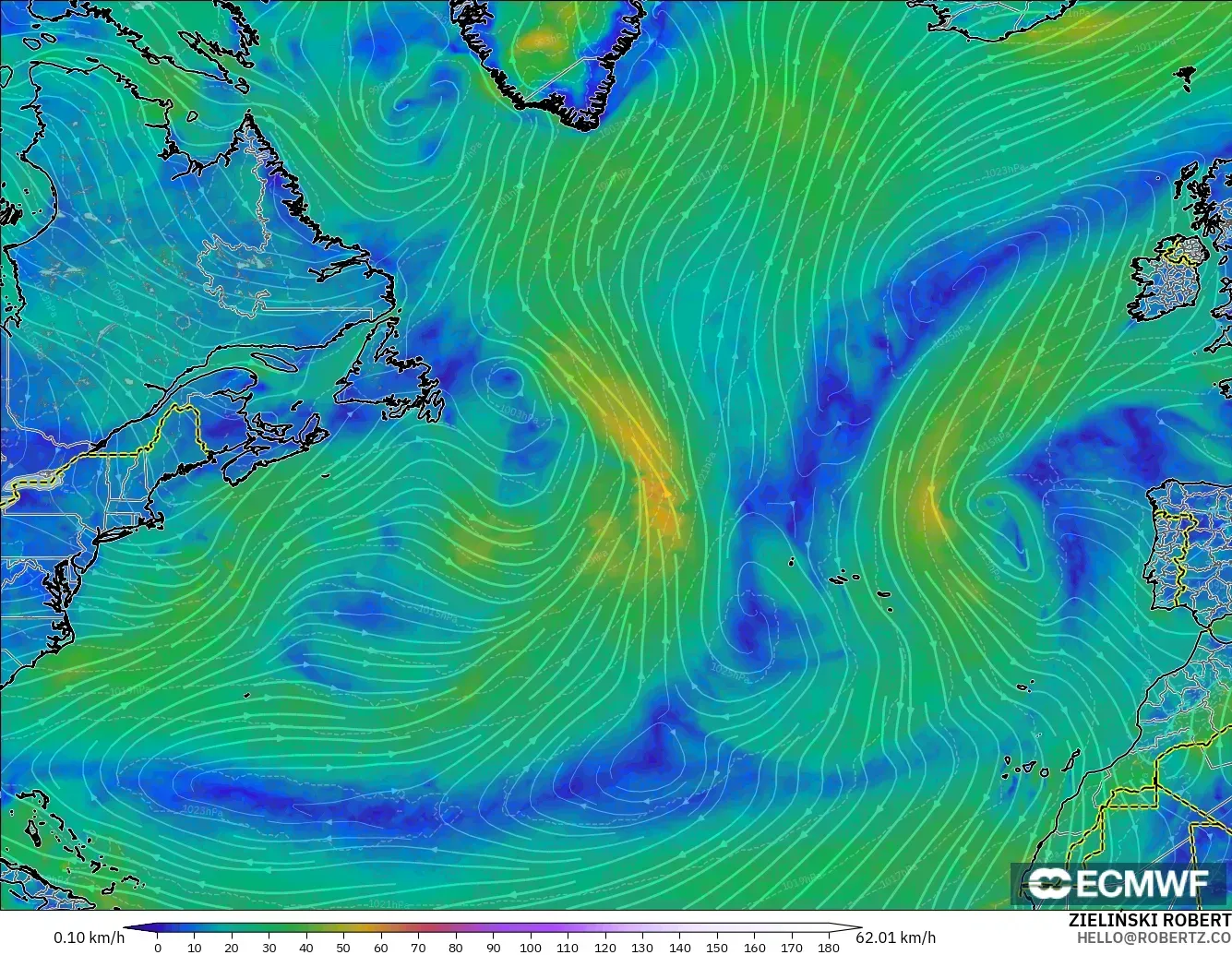 ECMWF IFS 0.25° モデル - 北大西洋, 風速（10m）