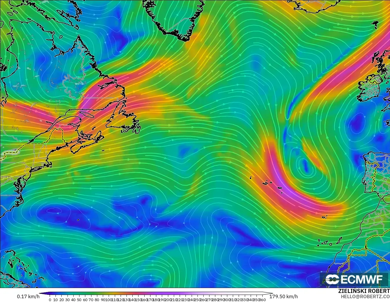 ECMWF IFS 0.25° モデル - 北大西洋, 風速（300hPa）