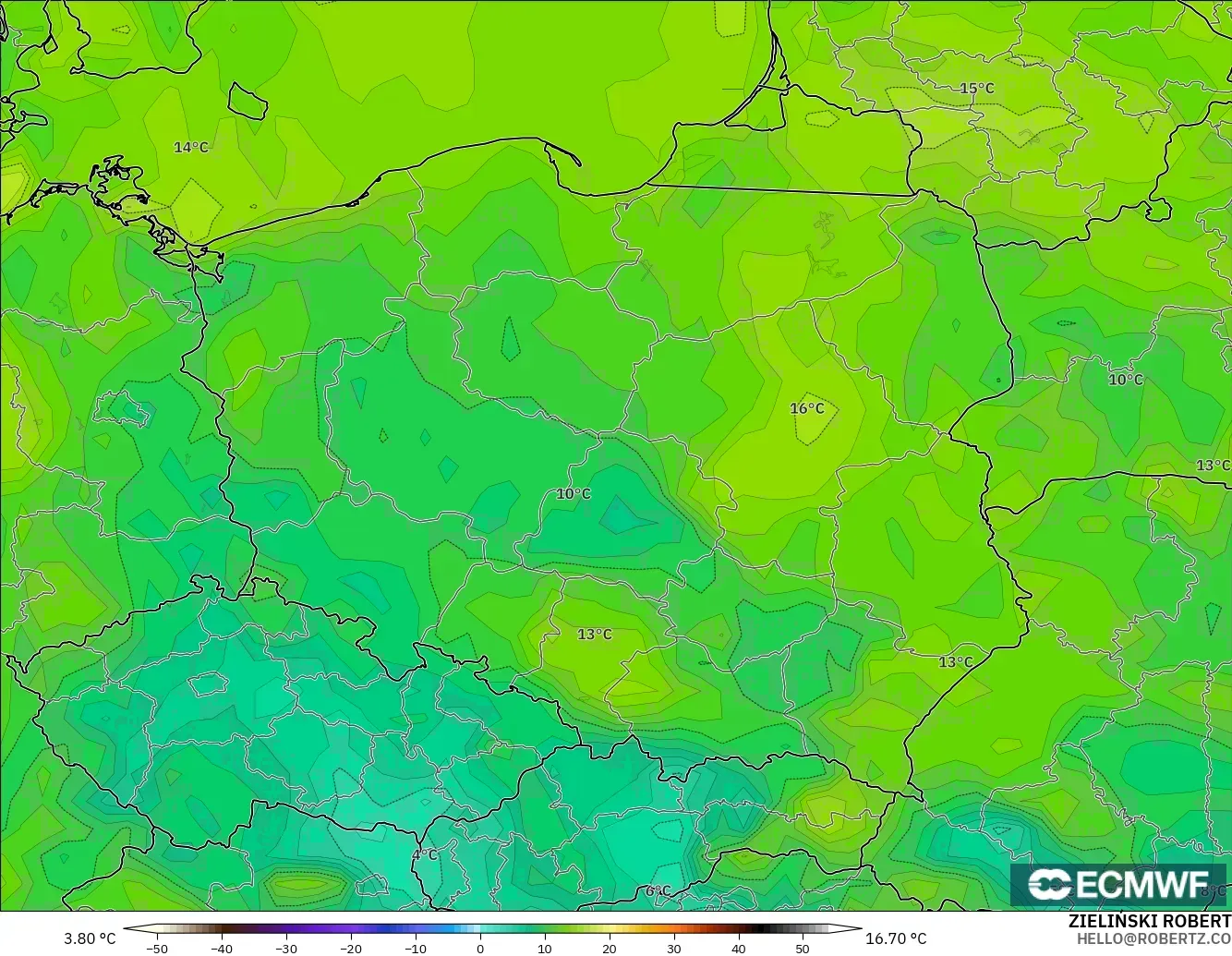 ECMWF IFS 0.25° モデル - ポーランド, 露点温度（2m）
