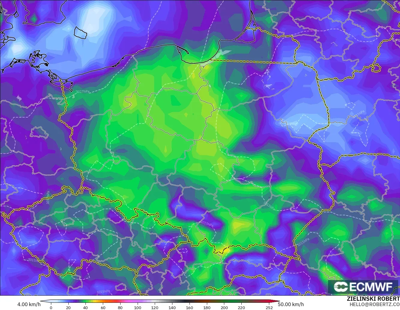 ECMWF IFS 0.25° モデル - ポーランド, 突風（最大）