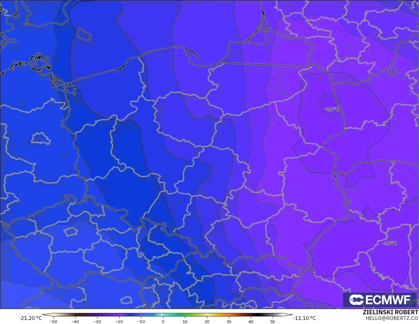 ECMWF IFS 0.25° モデル - ポーランド, 気温（500hPa）