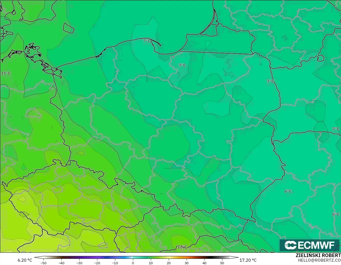 ECMWF IFS 0.25° モデル - ポーランド, 気温（850hPa）