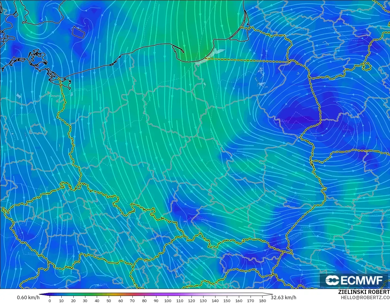 ECMWF IFS 0.25° モデル - ポーランド, 風速（10m）