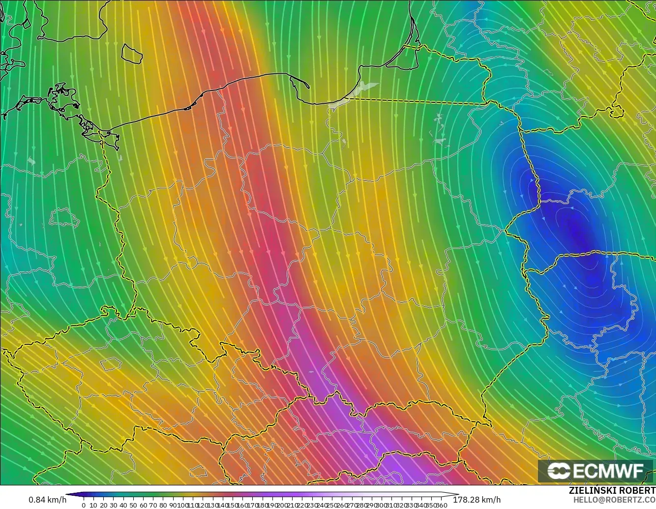 ECMWF IFS 0.25° モデル - ポーランド, 風速（300hPa）