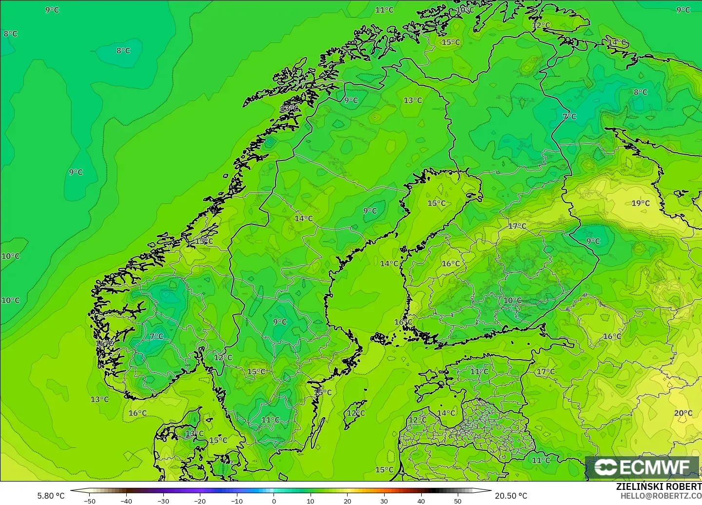 ECMWF IFS 0.25° モデル - スカンジナビア, 露点温度（2m）