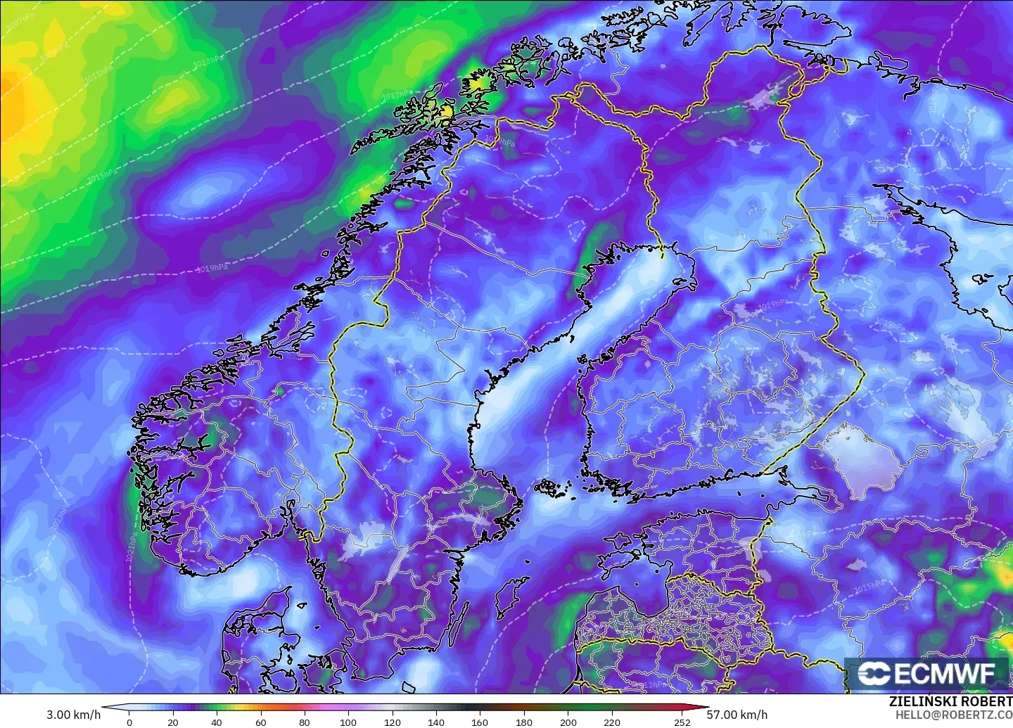 ECMWF IFS 0.25° モデル - スカンジナビア, 突風
