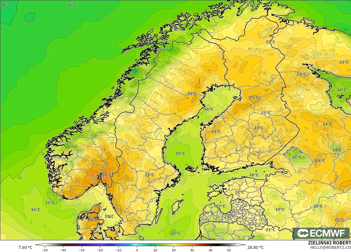 ECMWF IFS 0.25° モデル - スカンジナビア, 気温（2m）