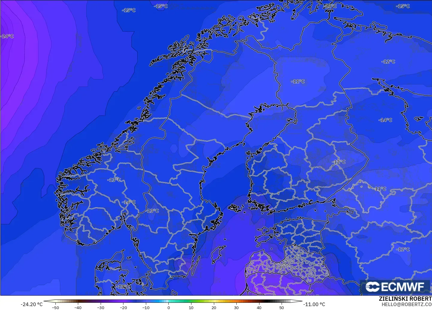 ECMWF IFS 0.25° モデル - スカンジナビア, 気温（500hPa）