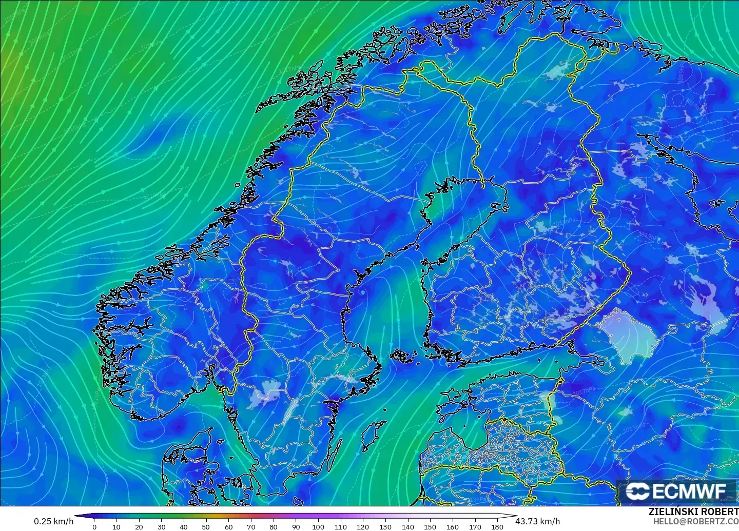 ECMWF IFS 0.25° モデル - スカンジナビア, 風速（10m）