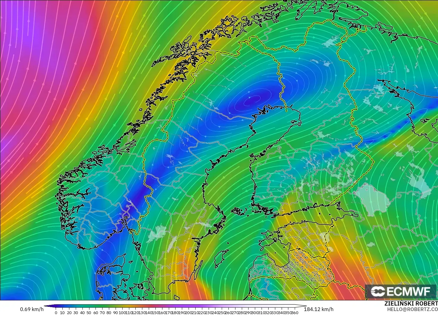 ECMWF IFS 0.25° モデル - スカンジナビア, 風速（300hPa）