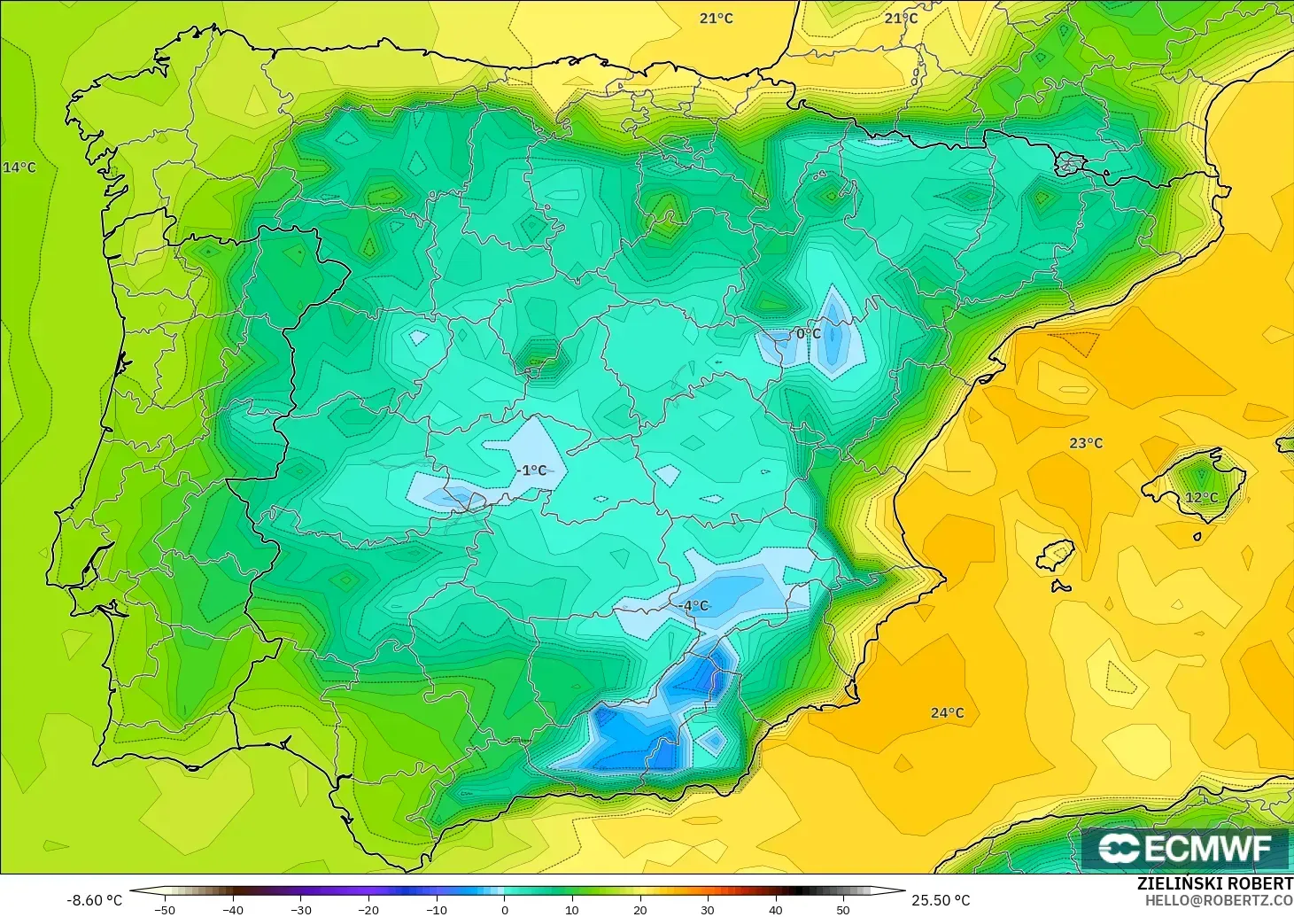 ECMWF IFS 0.25° モデル - スペイン, 露点温度（2m）