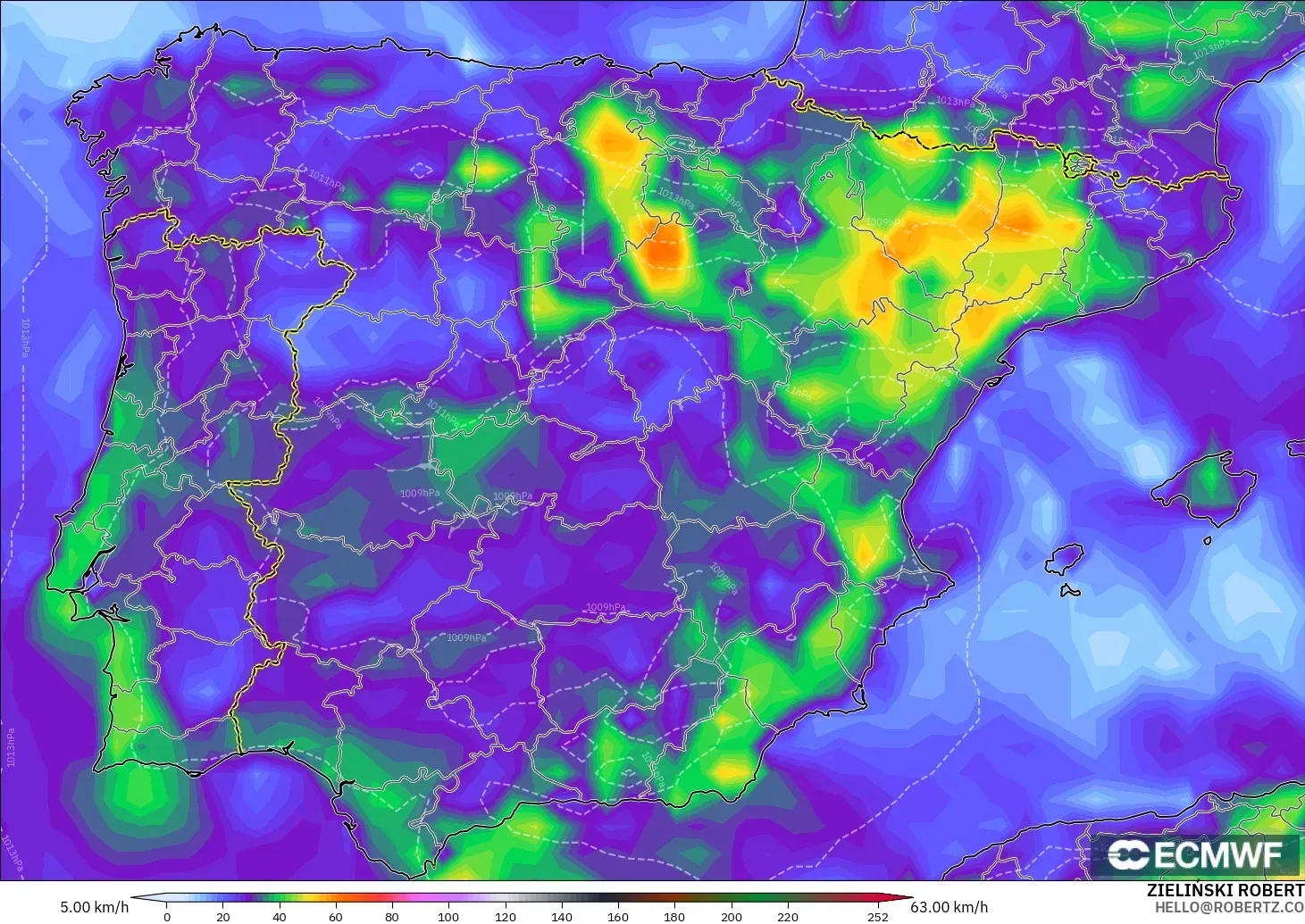 ECMWF IFS 0.25° モデル - スペイン, 突風