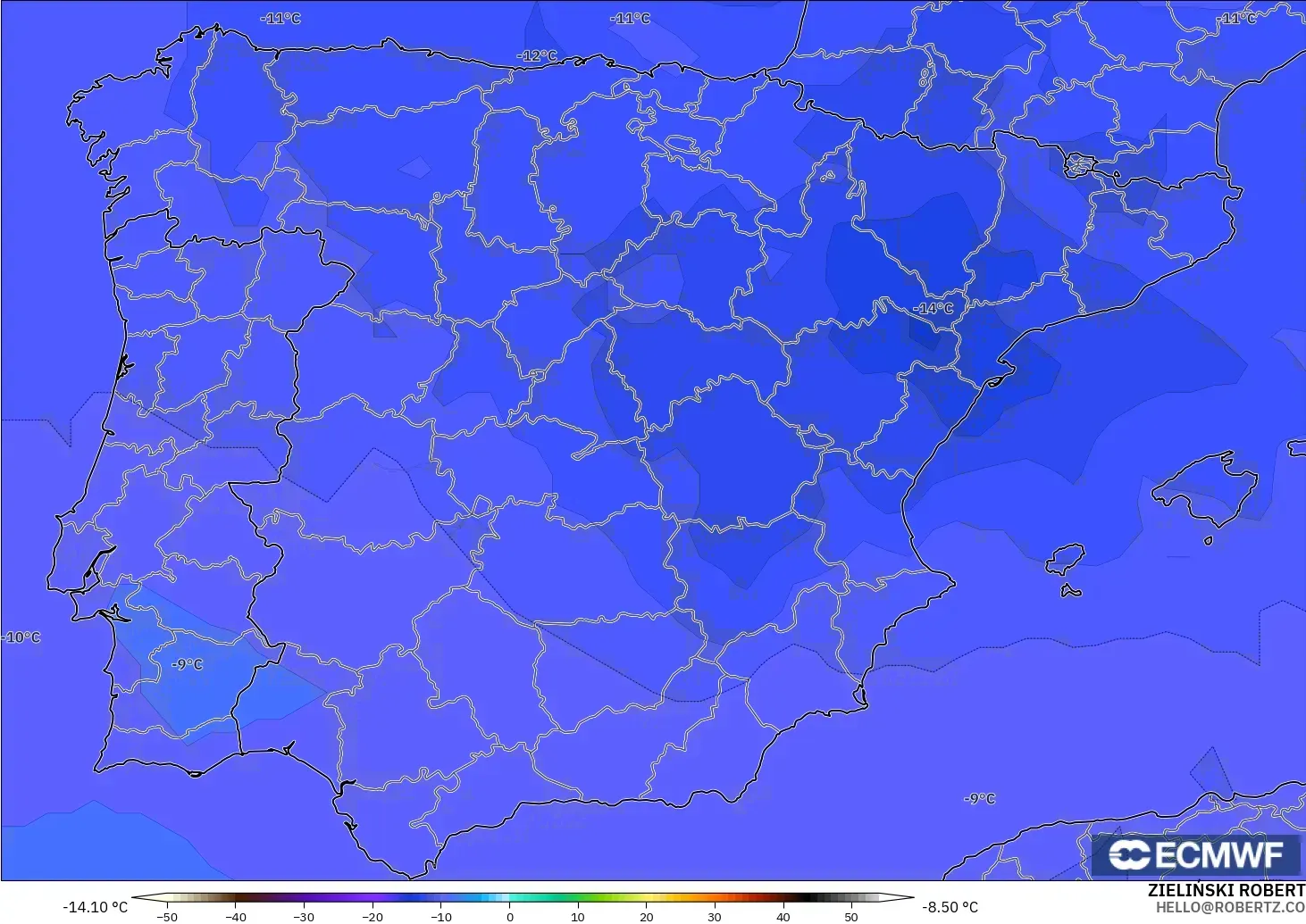 ECMWF IFS 0.25° モデル - スペイン, 気温（500hPa）
