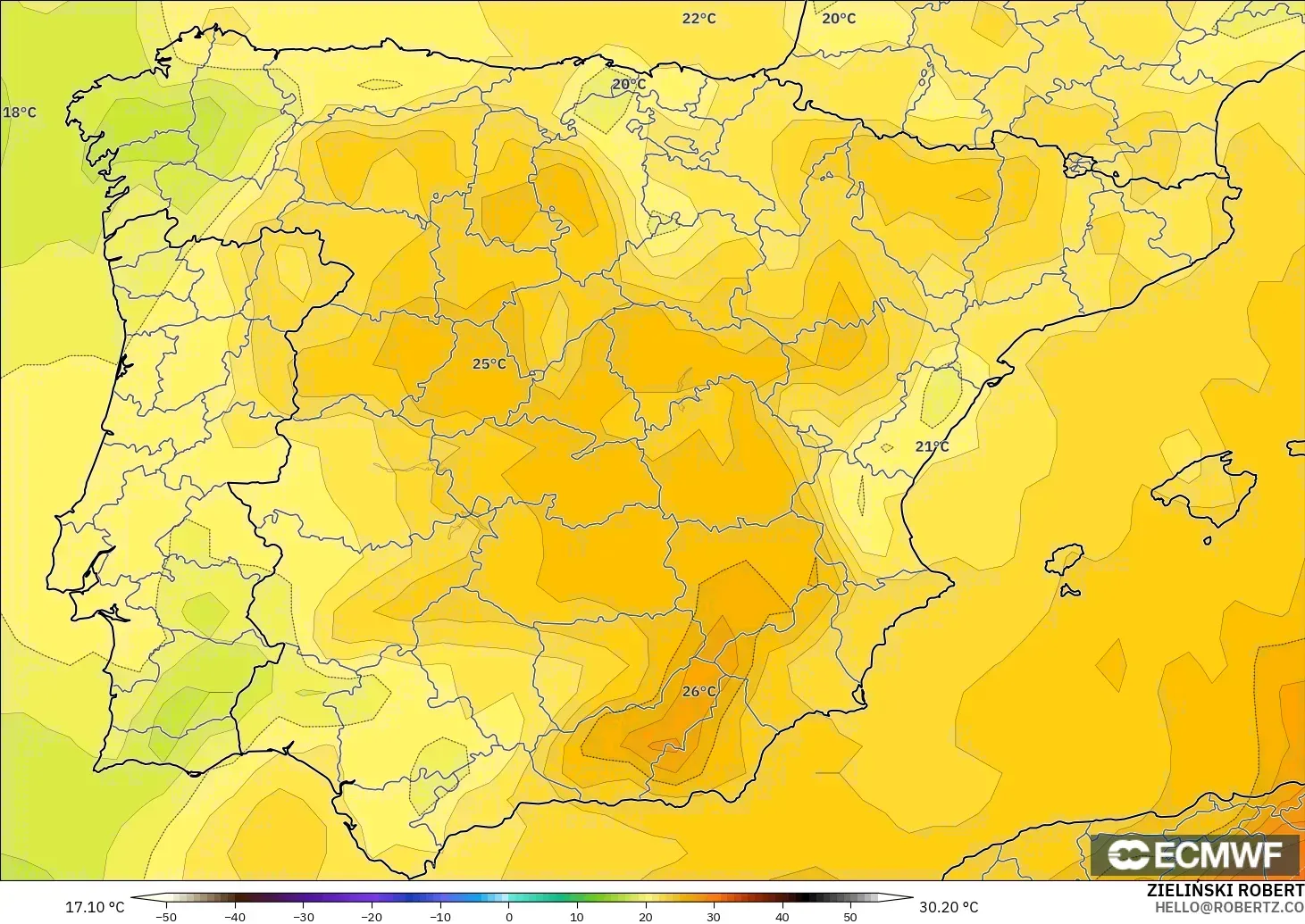 ECMWF IFS 0.25° モデル - スペイン, 気温（850hPa）