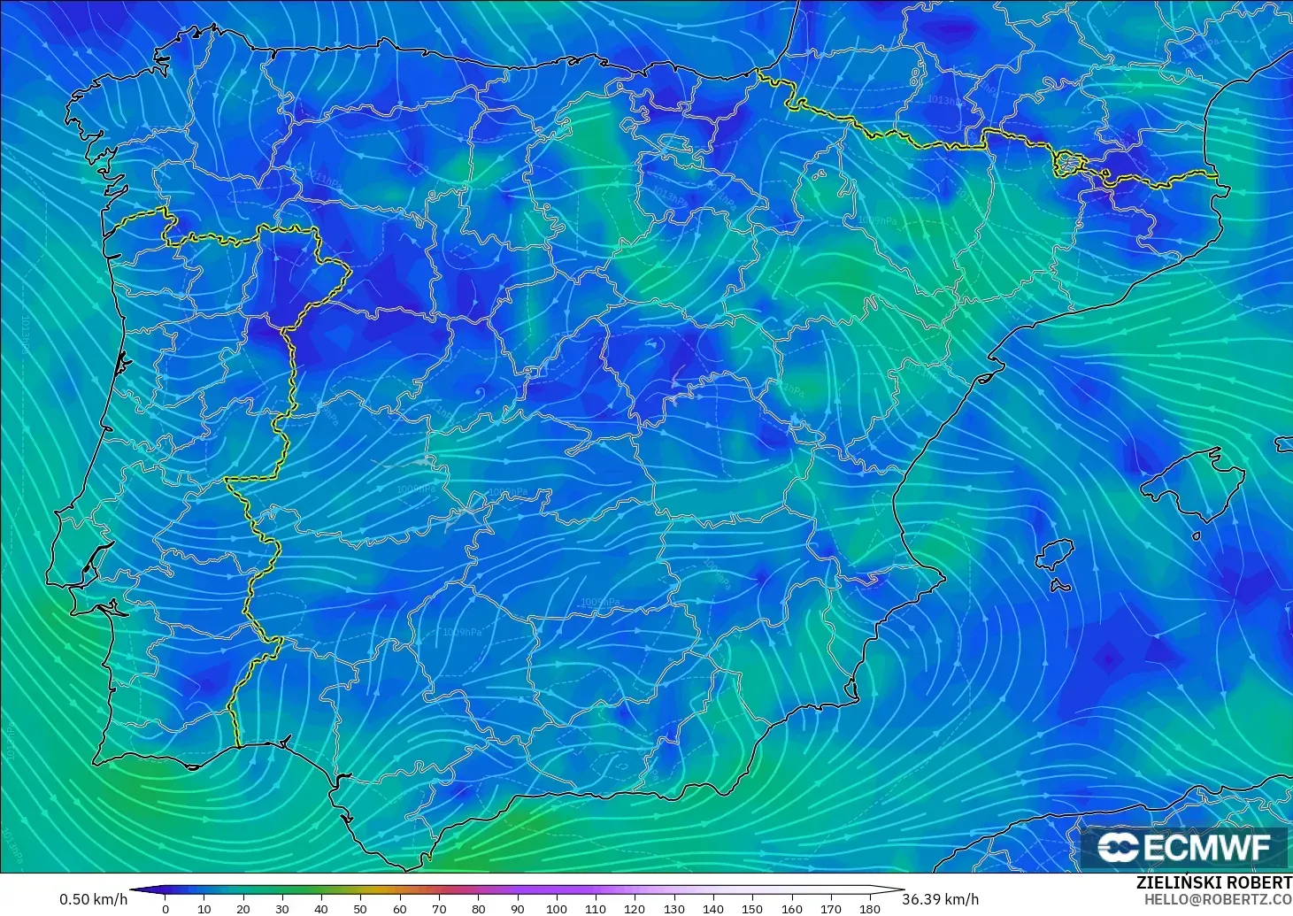 ECMWF IFS 0.25° モデル - スペイン, 風速（10m）