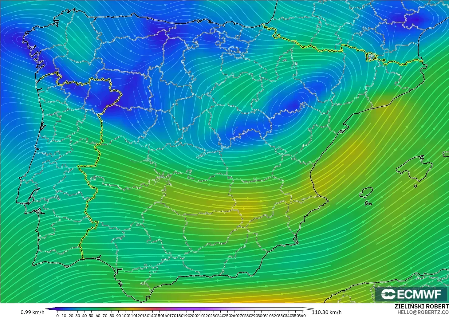 ECMWF IFS 0.25° モデル - スペイン, 風速（300hPa）