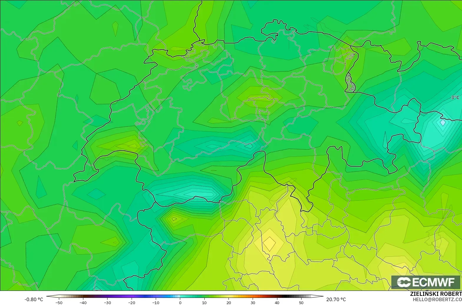 ECMWF IFS 0.25° モデル - スイス, 露点温度（2m）