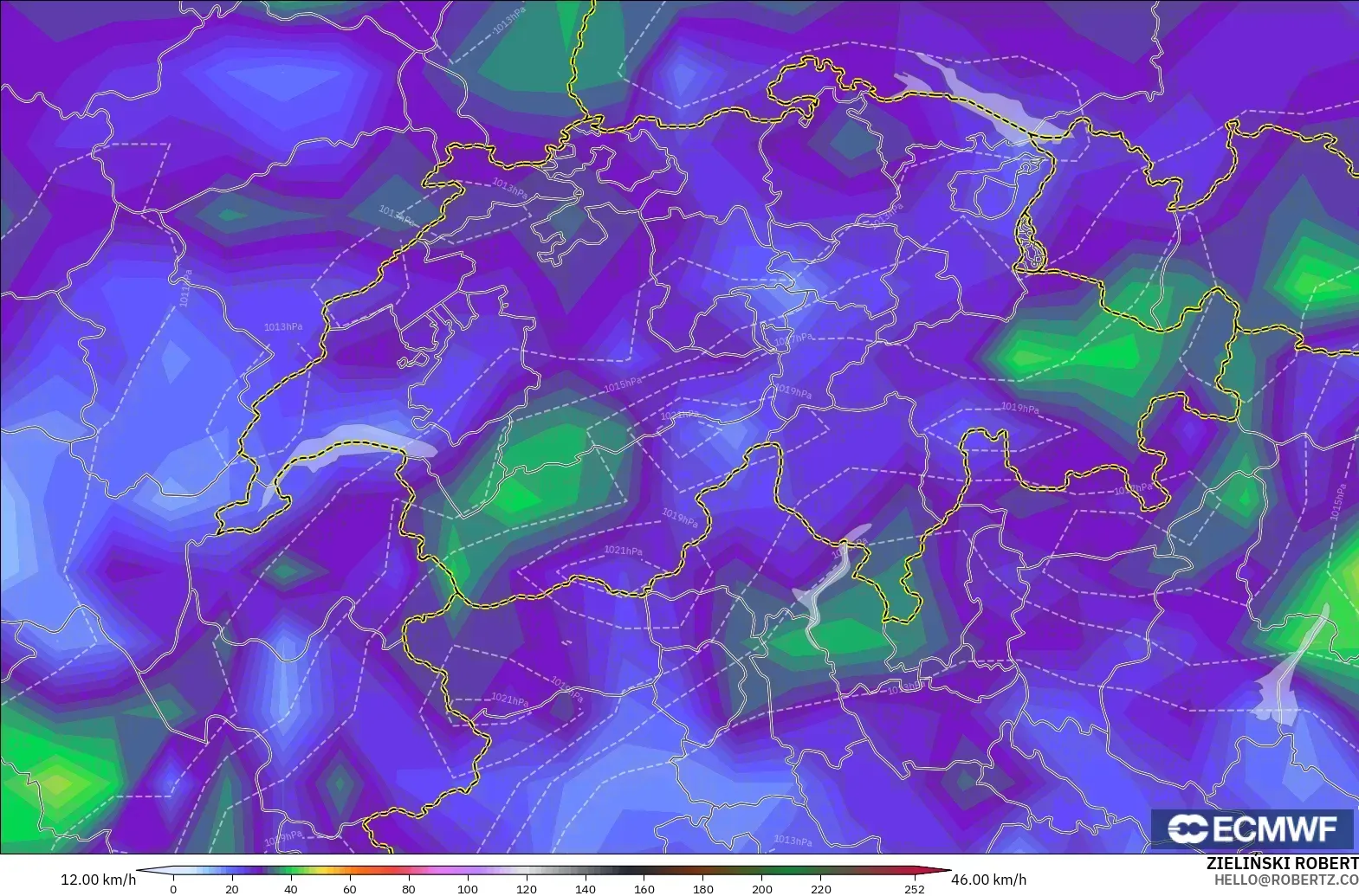 ECMWF IFS 0.25° モデル - スイス, 突風（最大）