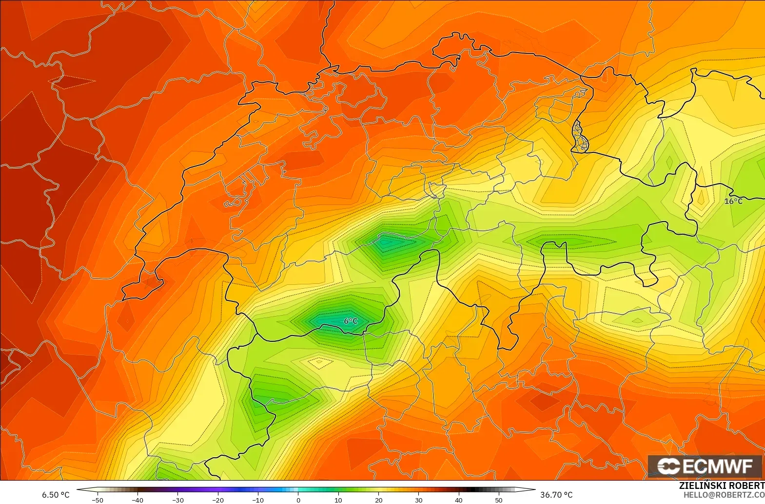 ECMWF IFS 0.25° モデル - スイス, 気温（2m）