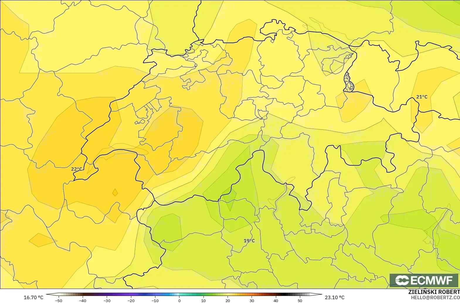 ECMWF IFS 0.25° モデル - スイス, 気温（850hPa）