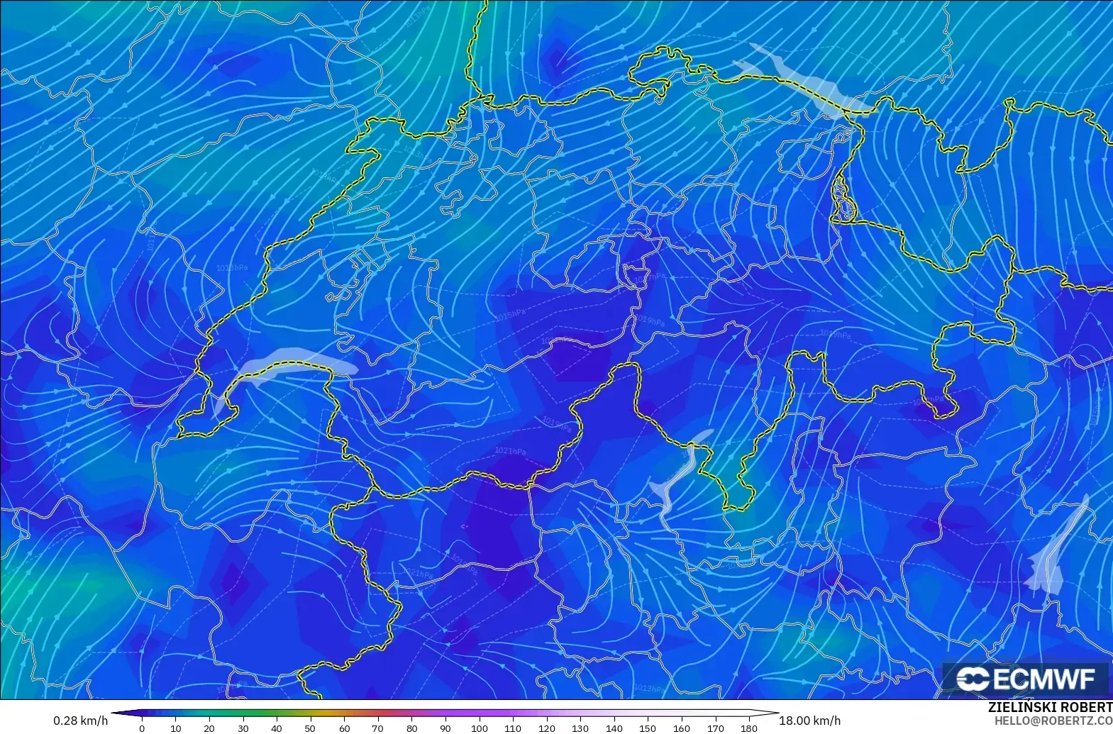 ECMWF IFS 0.25° モデル - スイス, 風速（10m）