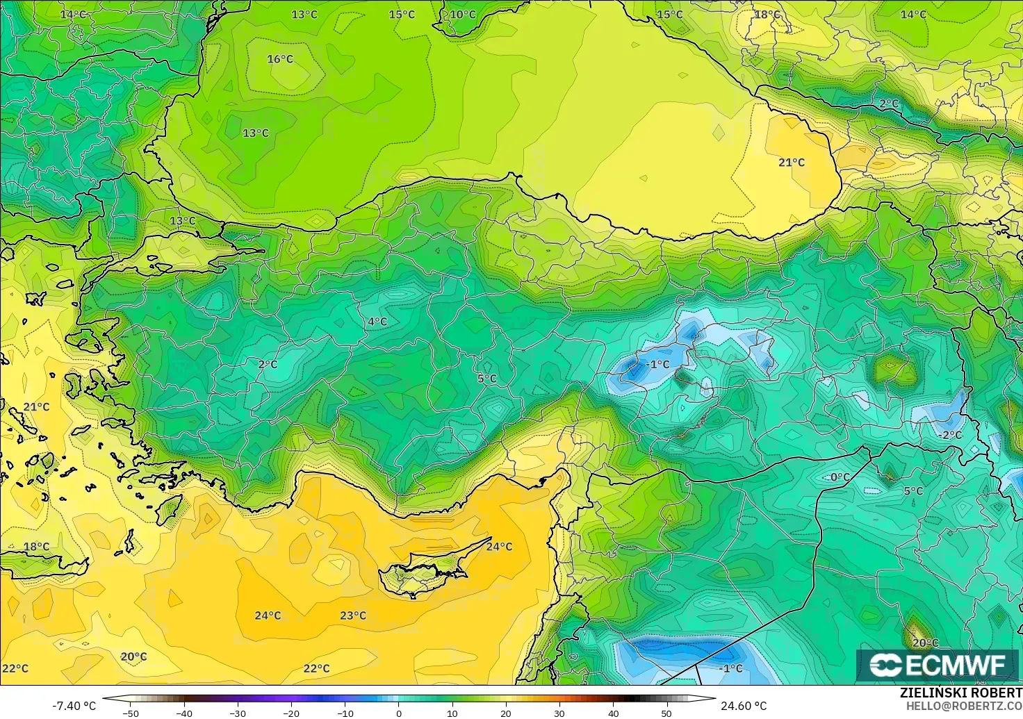 ECMWF IFS 0.25° モデル - トルコ, 露点温度（2m）