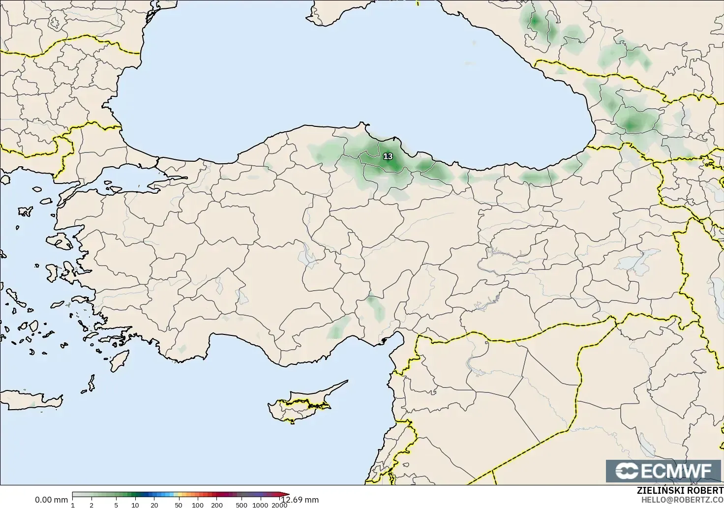 ECMWF IFS 0.25° モデル - トルコ, 降水量の合計